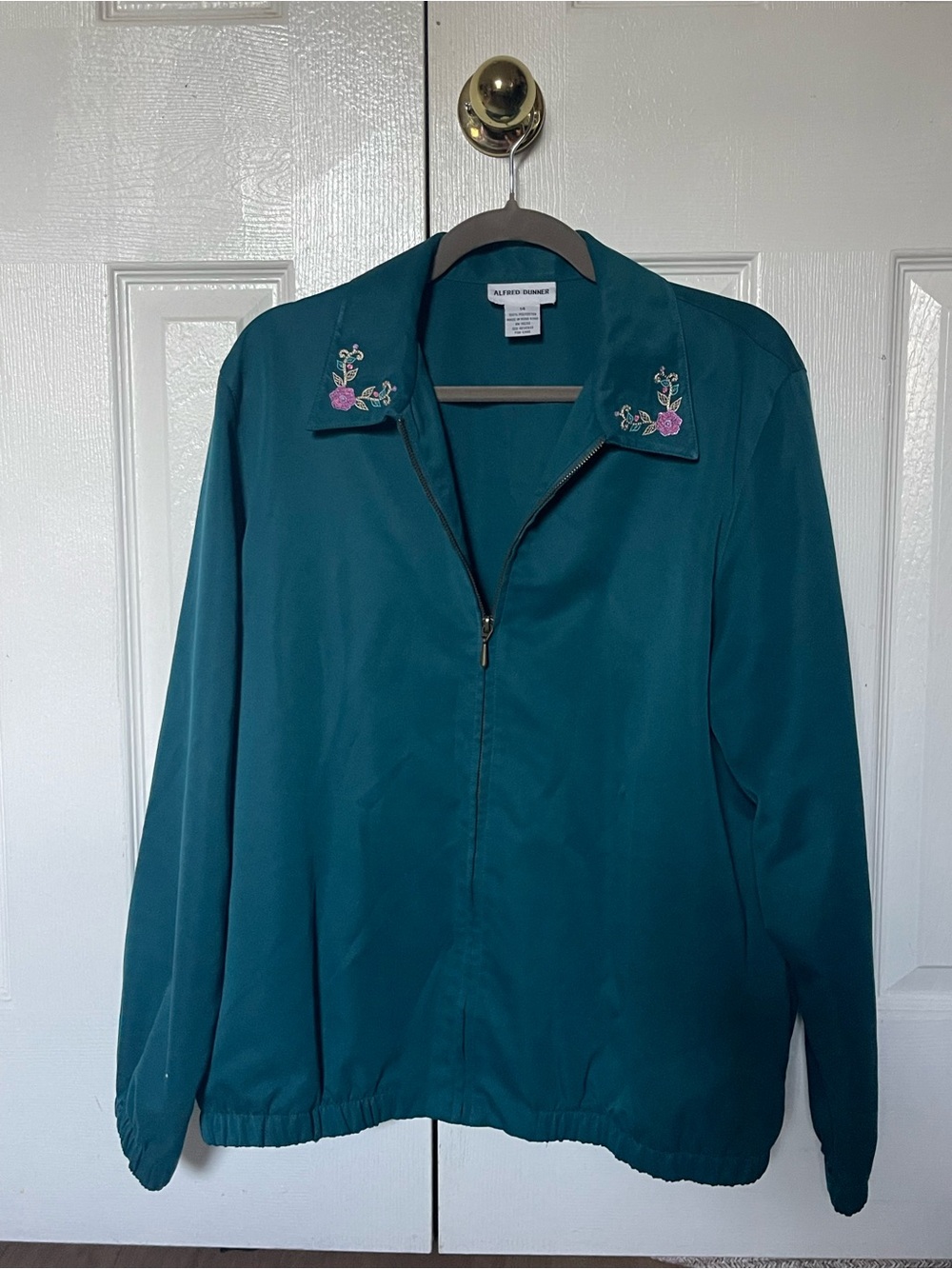 VTG Alfred Dunner Teal Embroidered Floral Collar Zip Bomber